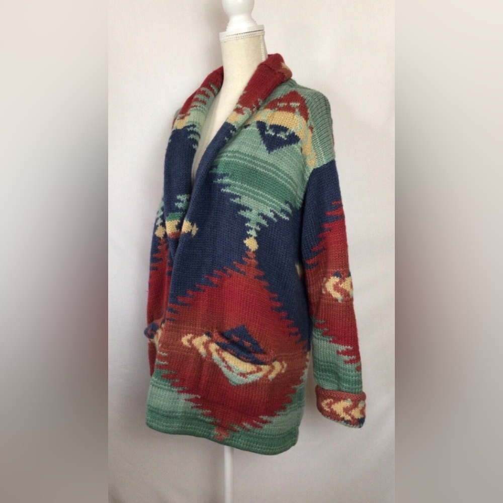 Ralph Lauren Hand Knit Blanket Wool Aztec Southwestern Navajo Robe Jacket - Picture 4 of 9